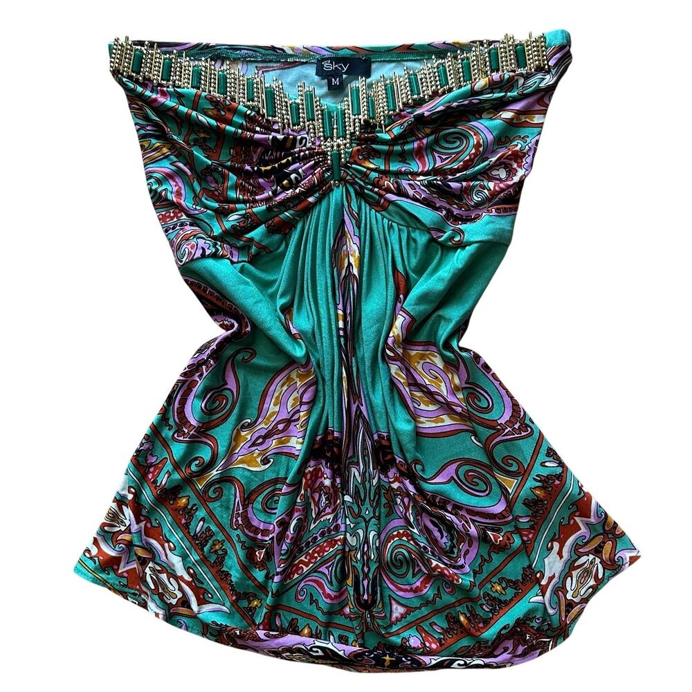 Sky Y2k turquoise paisley strapless jeweled tube top